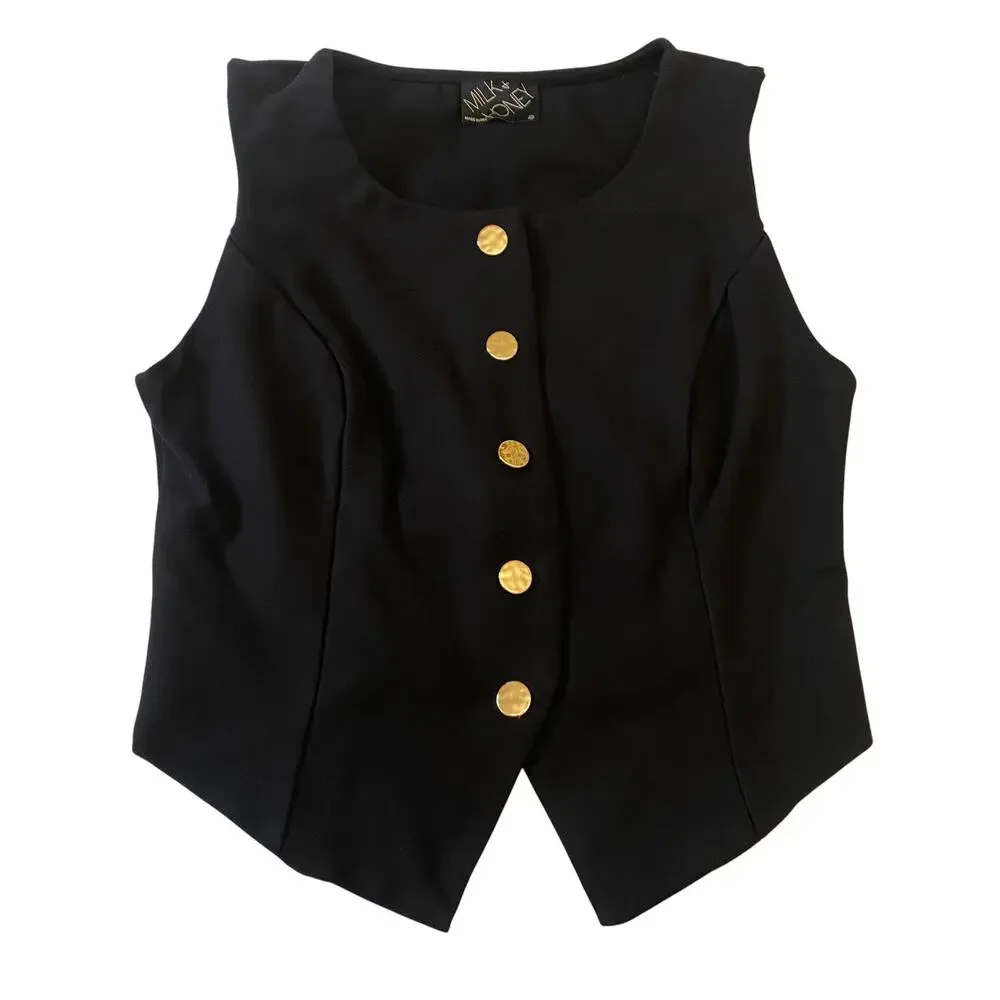 Women's Classic Size Medium Black Sleeveless Button-Front Vest with Gold Buttons